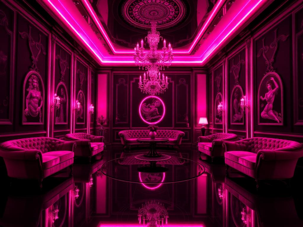 Deluxe Room IMVU setup with premium furniture and pink neon lighting