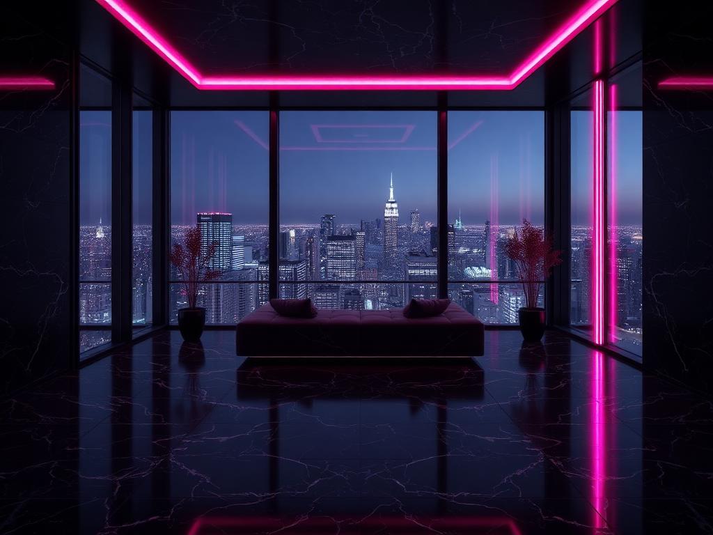 Pink Room IMVU setup with neon lighting and night skyline view